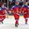 HELSINKI, FINLAND - DECEMBER 28: Russia's Yegor Rykov #28, Yegor Korshkov #26, Alexander Polunin #13 and Andrei Svetlakov #8 celebrate after taking a 5-3 lead over Finland during preliminary round - 2016 IIHF World Junior Championship. (Photo by Andre Ringuette/HHOF-IIHF Images)

